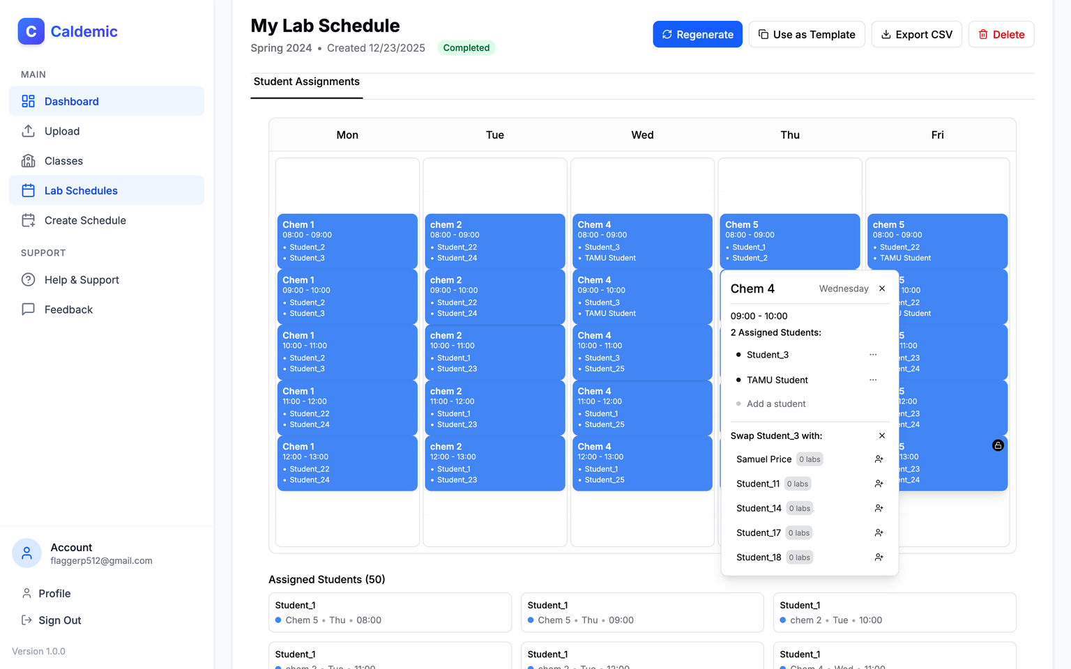Schedule detail with student assignments