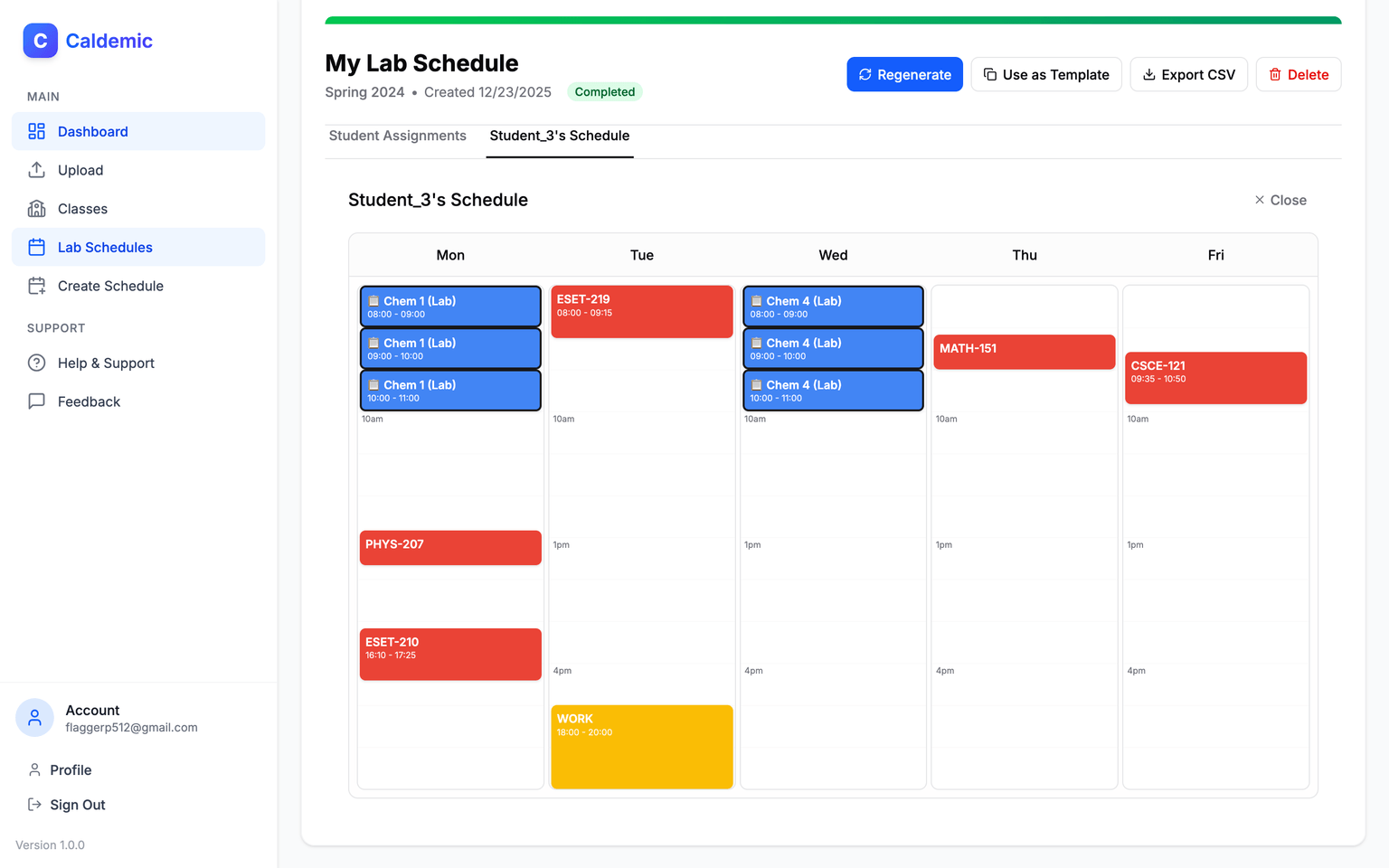 Individual student schedule