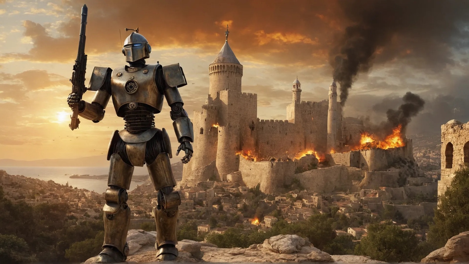 Retro-futurist robot before a burning castle